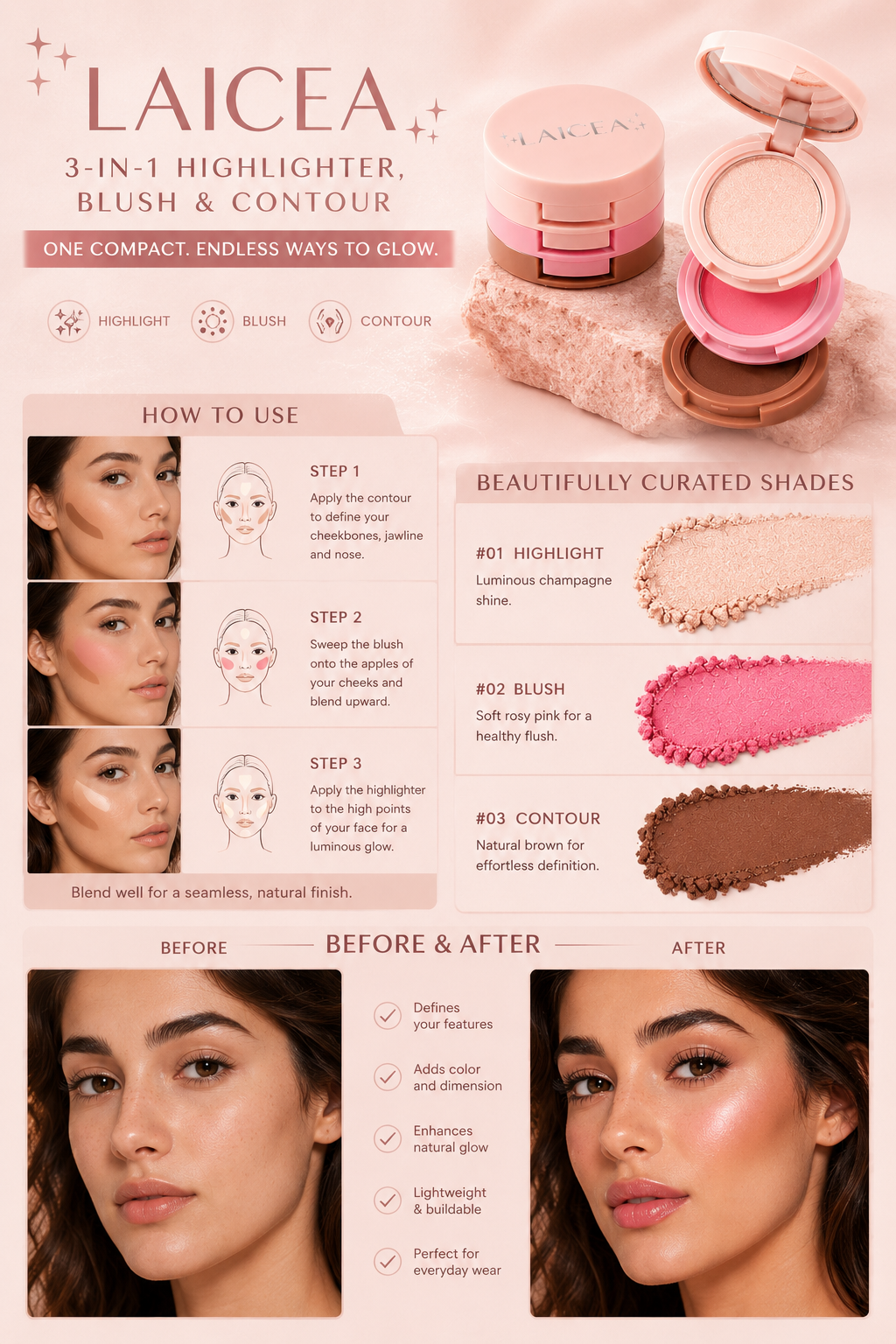 LAICEA 3 in 1 Matte Highlighter Contour Palette